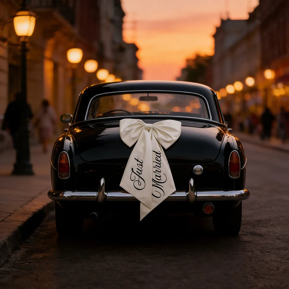 'Just Married' wedding car bow ribbon in white, shown on bridal getaway vehicle decoration display.