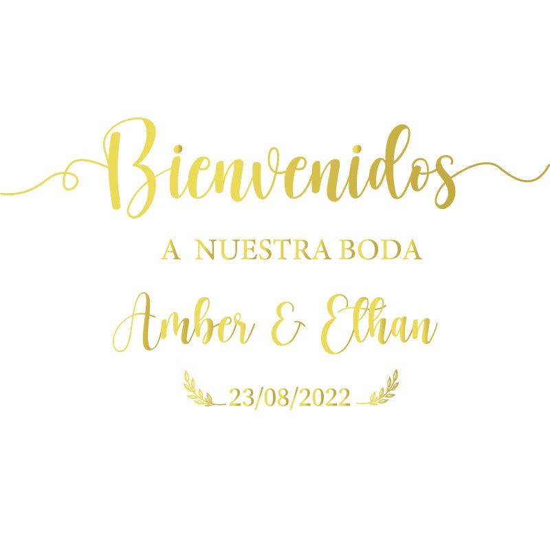 Personalized 'Bienvenidos' Spanish wedding welcome mirror decal in gold vinyl, shown on welcome sign board display.