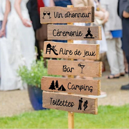 Personalized French wedding directional vinyl sticker in black, shown on welcome sign board display.