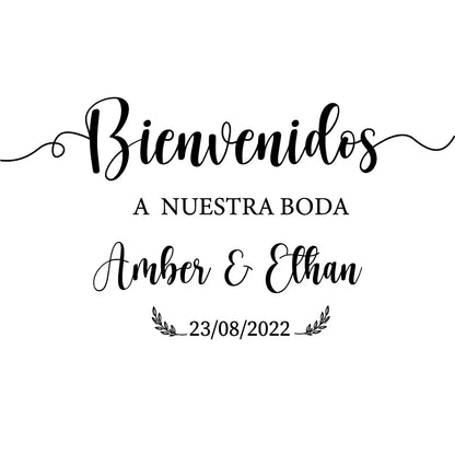 Personalized 'Bienvenidos' Spanish wedding welcome mirror decal in gold vinyl, shown on welcome sign board display.