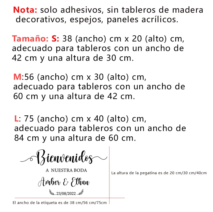 Personalized 'Bienvenidos' Spanish wedding welcome mirror decal in gold vinyl, shown on welcome sign board display.