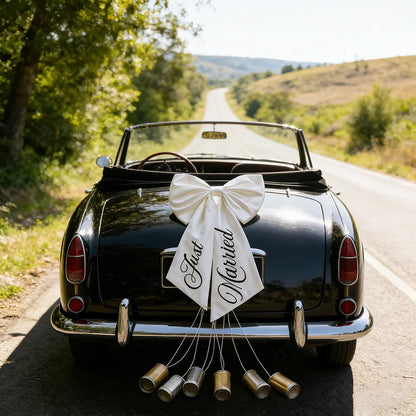 'Just Married' wedding car bow ribbon in white, shown on bridal getaway vehicle decoration display.