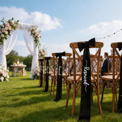 Elegant black 'Reserved' wedding chair seating ribbon, shown on ceremony chair display.