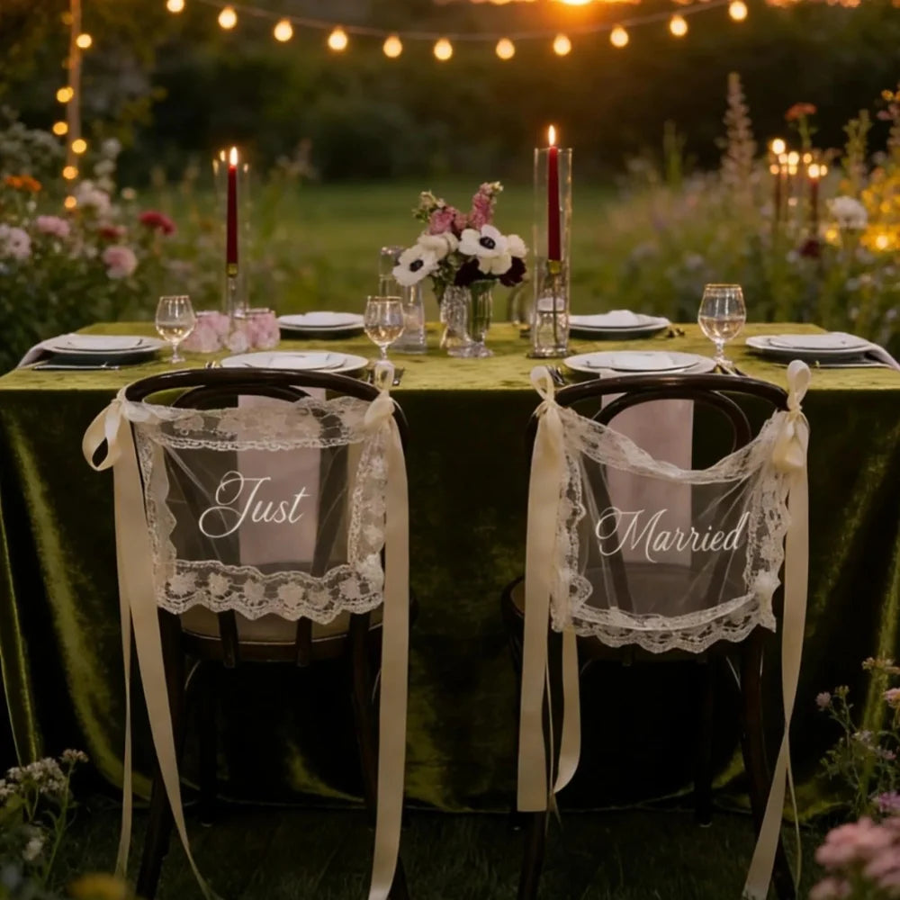 Sheer lace 'Just Married' chair sign set with 'Bride' and 'Groom' lettering, shown on wedding sweetheart table chair display.