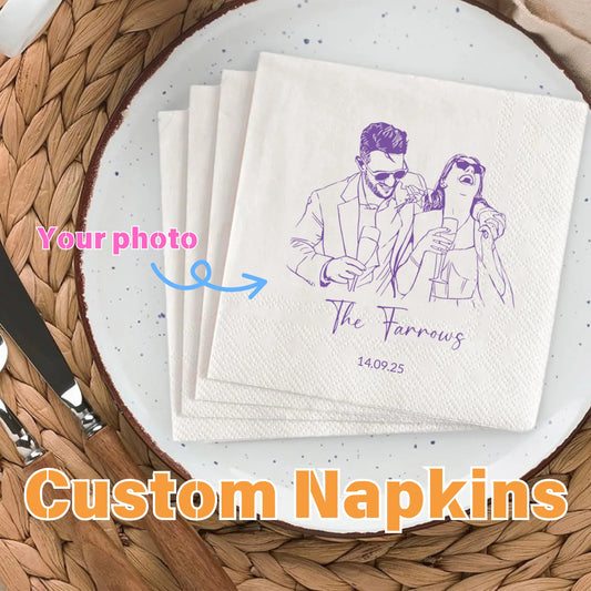 Personalized photo paper cocktail napkins with custom image and text, shown on wedding cocktail hour display.