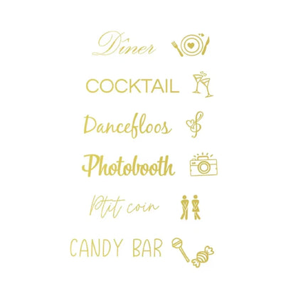Personalized French wedding directional vinyl sticker in black, shown on welcome sign board display.