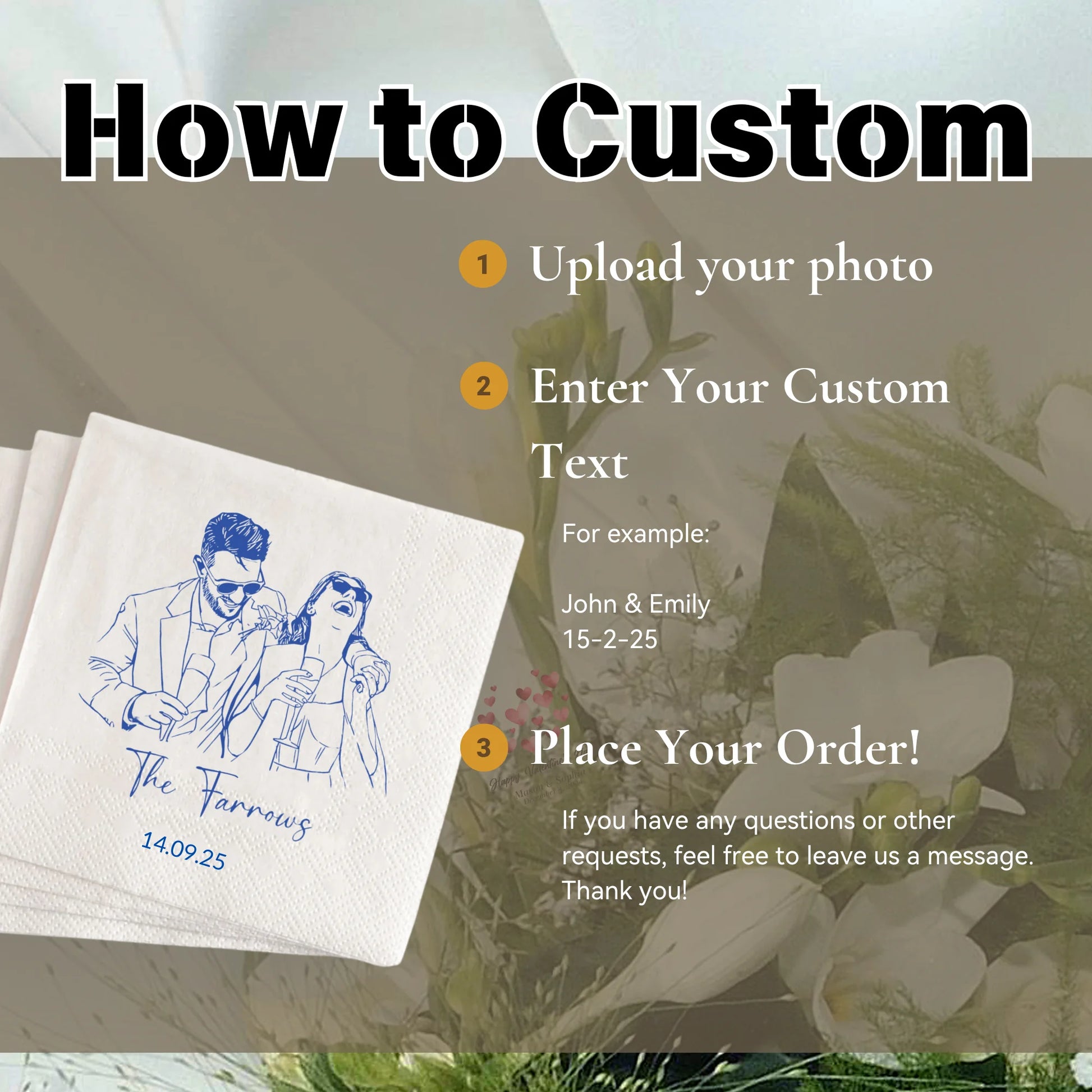 Personalized photo paper cocktail napkins with custom image and text, shown on wedding cocktail hour display.