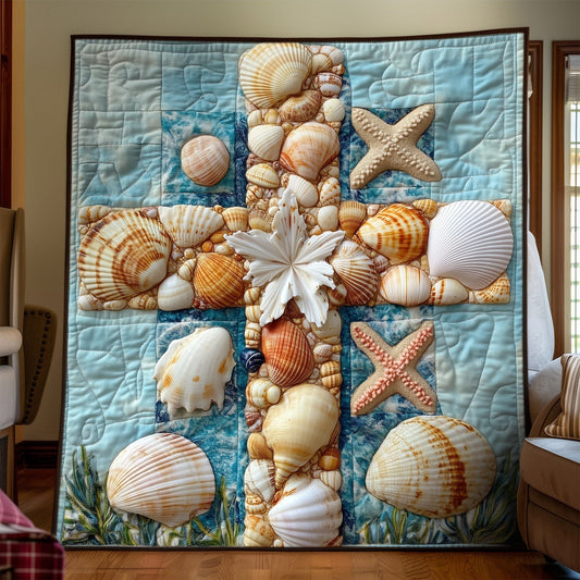 Sacred Seashells Cross Quilted Blanket - Throw (55" x 60")
