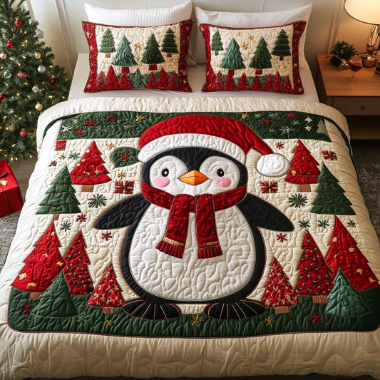 Santa Penguins 3-Piece Quilted Bedding Set - Single (59" x 70")