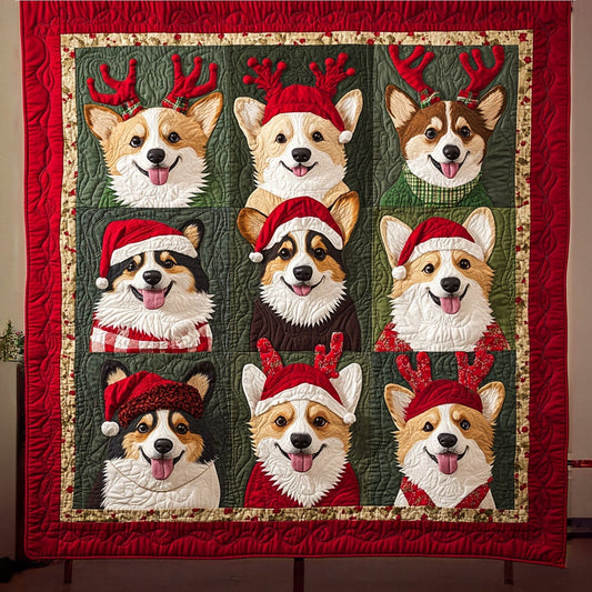 Santas Little Corgis Quilted Blanket - Throw (55" x 60")