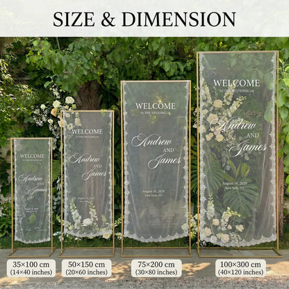 Personalized lace fabric wedding welcome banner with embroidered custom names and date, shown on outdoor ceremony display.