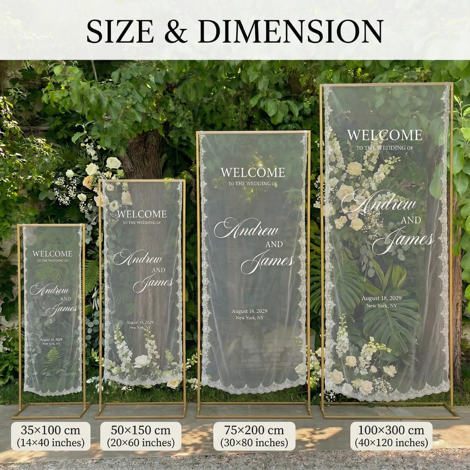 Personalized lace fabric wedding welcome banner with embroidered custom names and date, shown on outdoor ceremony display.