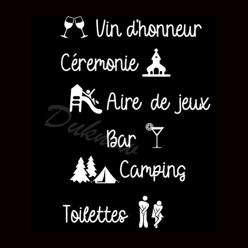 Personalized French wedding directional vinyl sticker in black, shown on welcome sign board display.