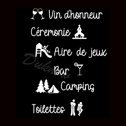 Personalized French wedding directional vinyl sticker in black, shown on welcome sign board display.