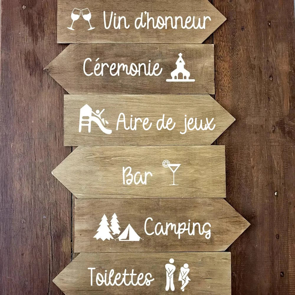 Personalized French wedding directional vinyl sticker in black, shown on welcome sign board display.