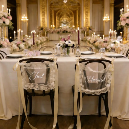 Sheer lace 'Just Married' chair sign set with 'Bride' and 'Groom' lettering, shown on wedding sweetheart table chair display.