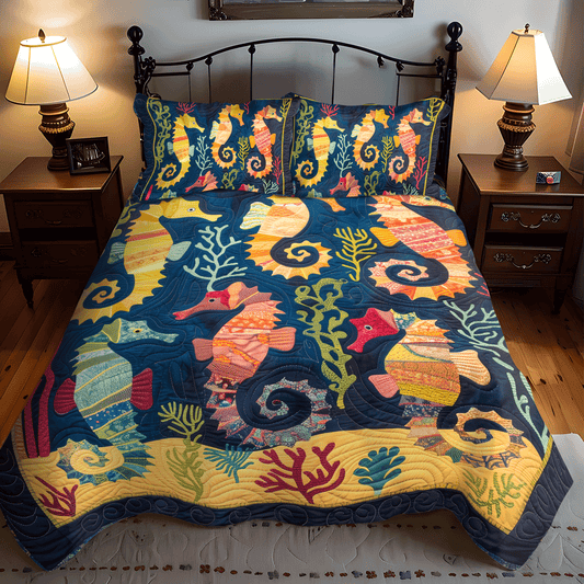 Seahorse Dance 3-Piece Quilted Bedding Set - Single (59" x 70")