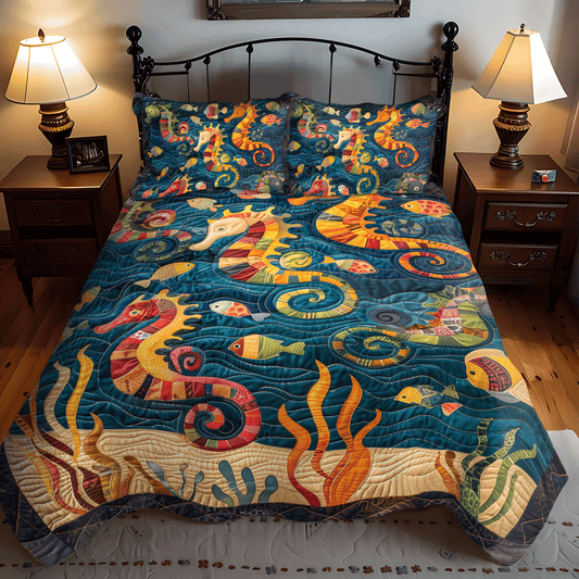 Seahorse Splash 3-Piece Quilted Bedding Set - Single (59" x 70")