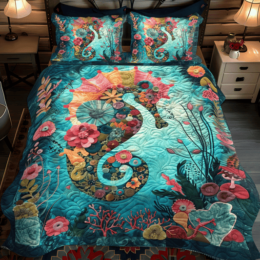 Seahorse in Bloom 3-Piece Quilted Bedding Set - Single (59" x 70")