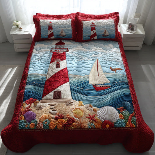 Seashell Lighthouse Shore 3-Piece Quilted Bedding Set - Single (59" x 70")