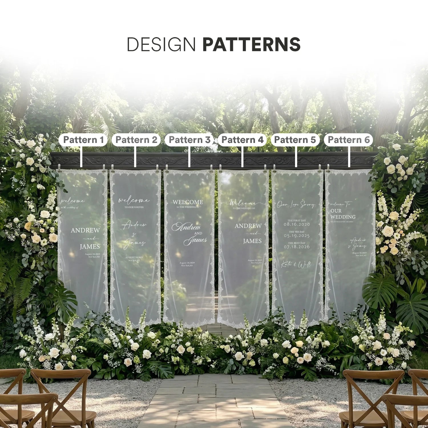 Personalized lace fabric wedding welcome banner with embroidered custom names and date, shown on outdoor ceremony display.