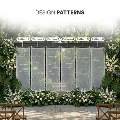 Personalized lace fabric wedding welcome banner with embroidered custom names and date, shown on outdoor ceremony display.