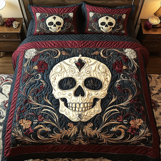 Shadowed Roses Skull 3-Piece Quilted Bedding Set - Single (59" x 70")