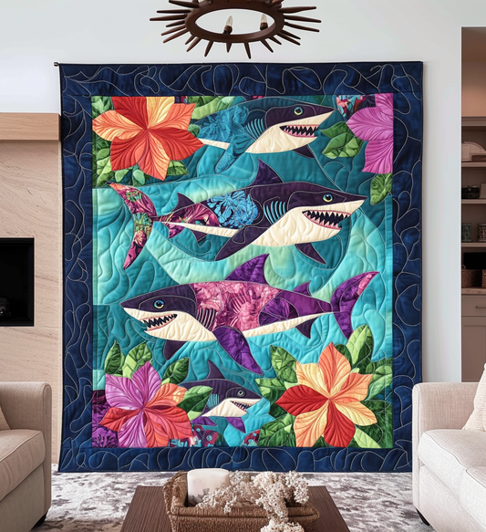 Shark Holiday Quilted Blanket - Throw (55" x 60")