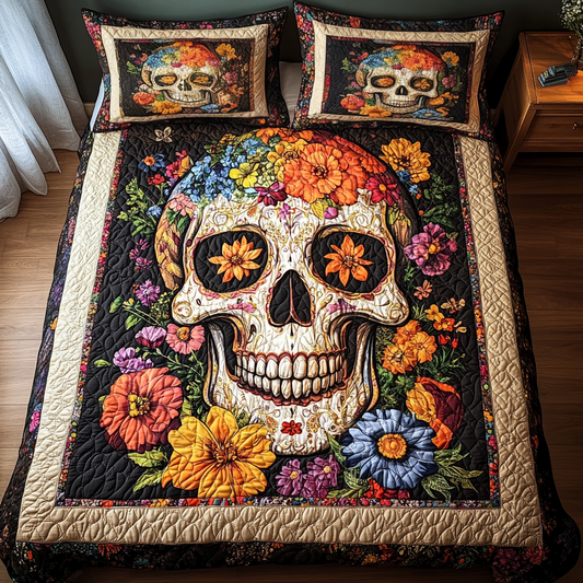 Skull And Blooms 3-Piece Quilted Bedding Set - Single (59" x 70")