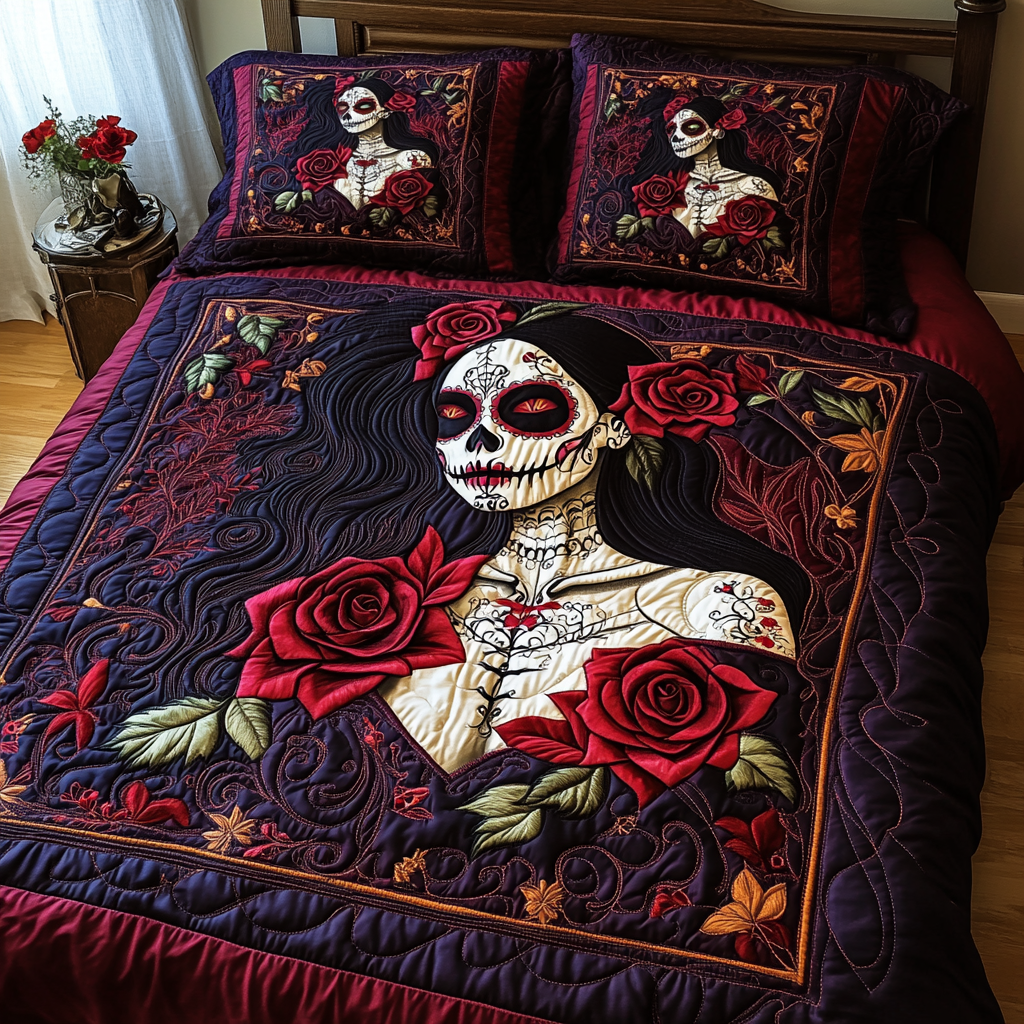 Single (59'' x 70'') /Skull And Blooms 3-Piece Quilted Bedding Set