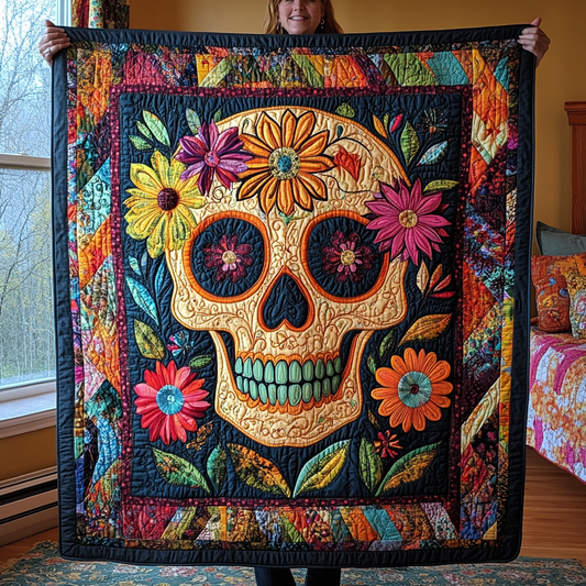 Skull And Blooms Quilted Blanket - Throw (55" x 60")