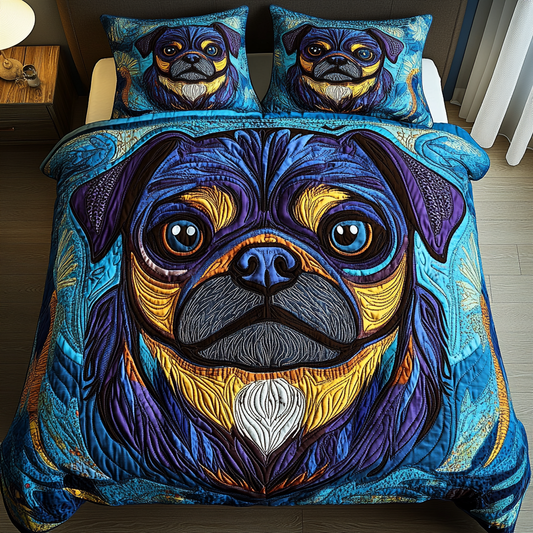 Snuggly Pug Smiles 3-Piece Quilted Bedding Set - Single (59" x 70")