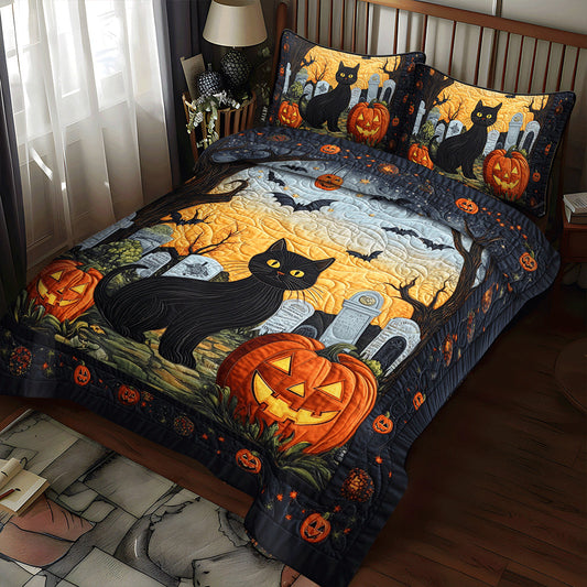Spooky Cat Halloween 3-Piece Quilted Bedding Set - Single (59" x 70")