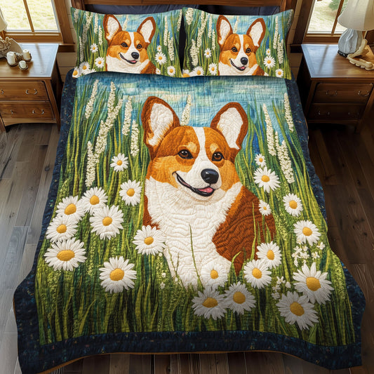 Springtime Corgi Joy 3-Piece Quilted Bedding Set - Single (59" x 70")