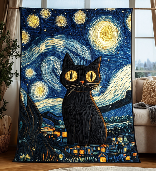 Starry Night Cat Quilted Blanket - Throw (55" x 60")