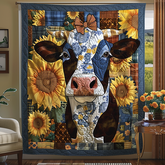 Sunflower Chic Bowtie Cow Quilted Blanket - Throw (55" x 60")
