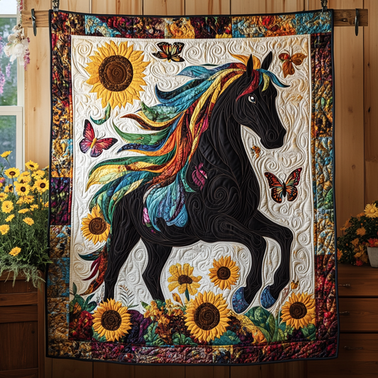 Sunflower Black Horse Quilted Blanket - Throw (55" x 60")