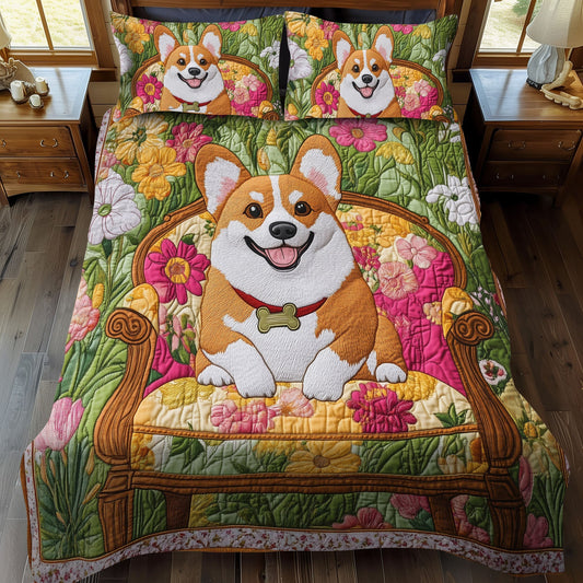 Sunny Corgi Garden 3-Piece Quilted Bedding Set - Single (59" x 70")