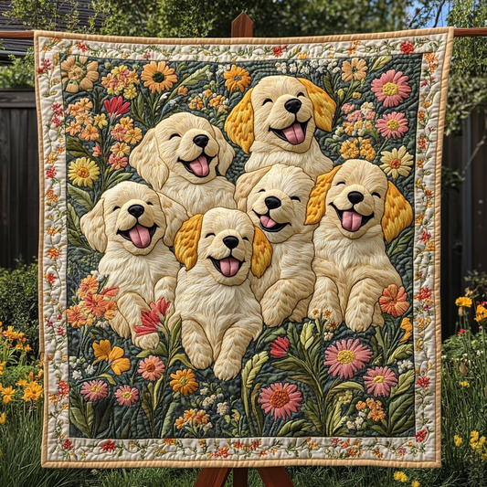 Sunny Pups in the Garden Quilted Blanket - Throw (55" x 60")