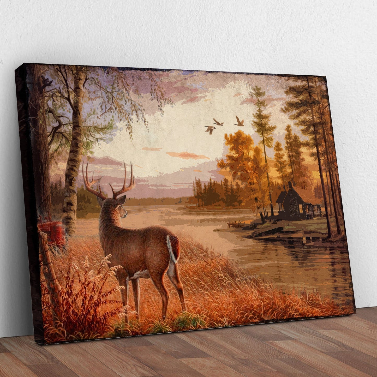 Stag By The Lake Canvas Wall Art