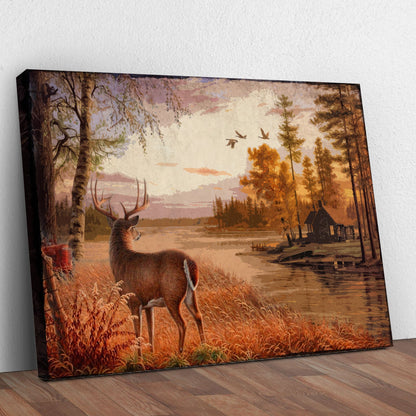 Stag By The Lake Canvas Wall Art