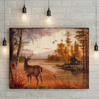 Stag By The Lake Canvas Wall Art