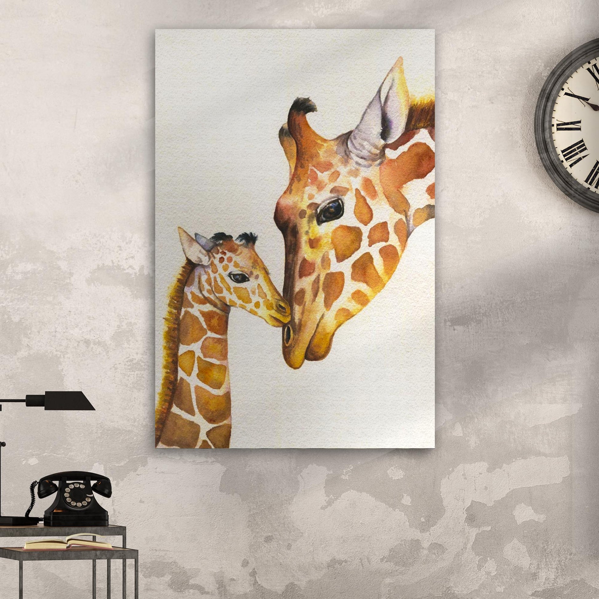 Mom and Baby Giraffe Watercolor Portrait Canvas Wall Art