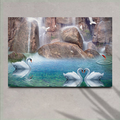Swans by the Waterfall Canvas Wall Art