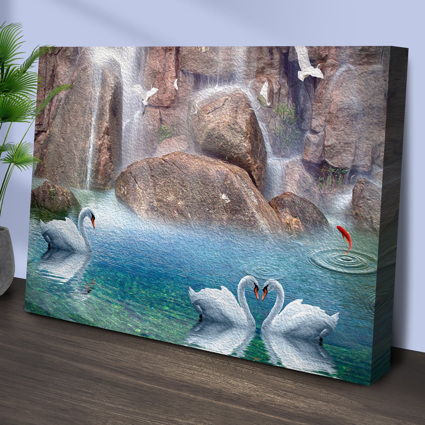 Swans by the Waterfall Canvas Wall Art