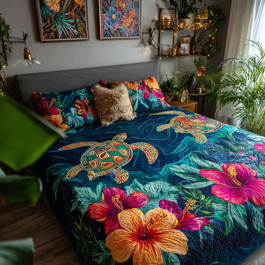 Teal Hibiscus Turtle Quilted Blanket - Baby (30" x 40") - Pack 1