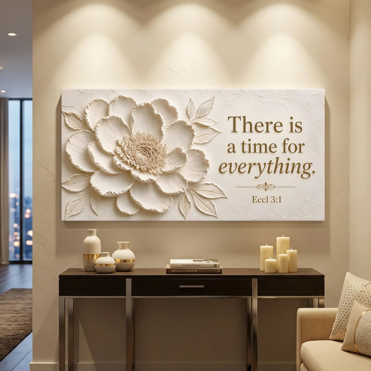 Decorative wall art with floral design and inspirational quote in a living room setting.