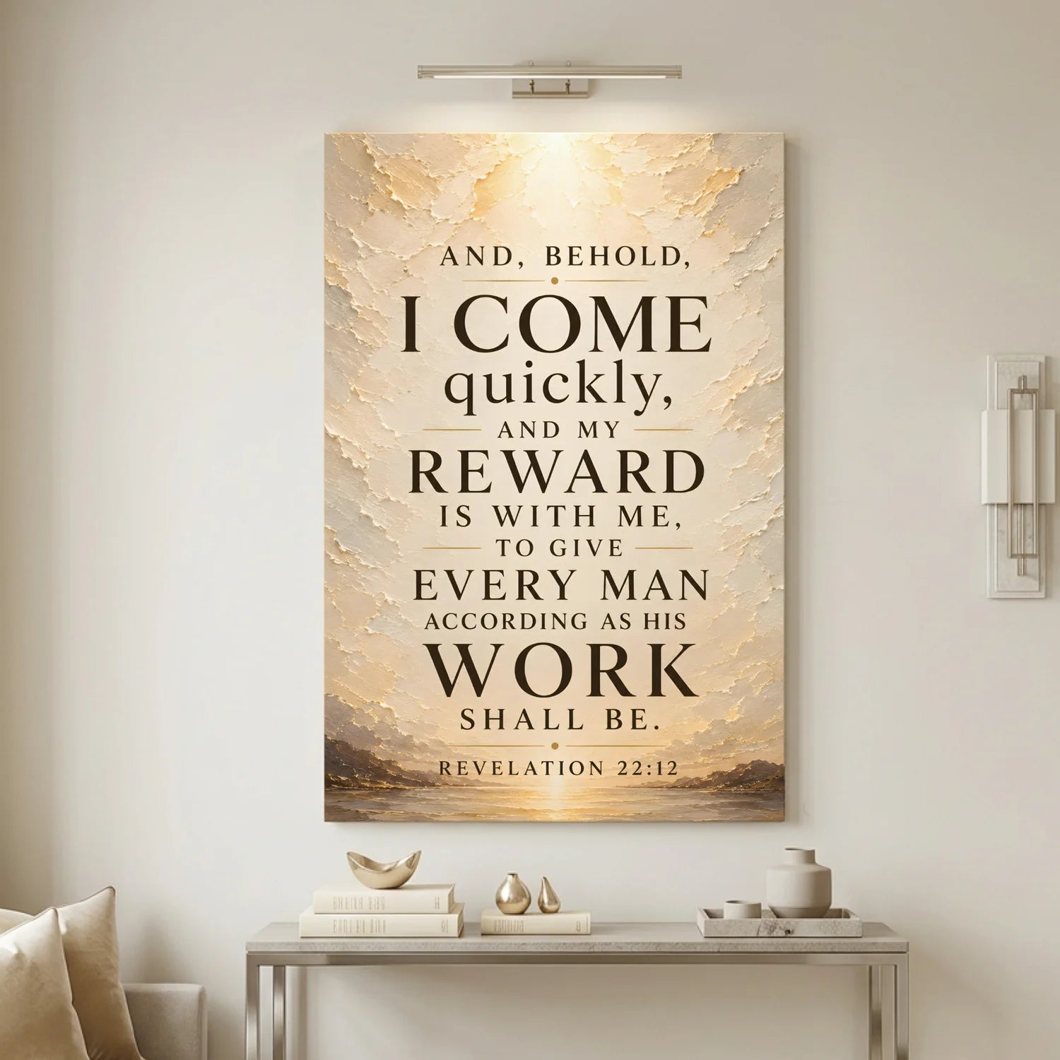 Decorative wall art with a biblical quote in a living room setting