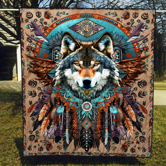 Tribal Feather Wolf Quilted Blanket - Throw (55" x 60")
