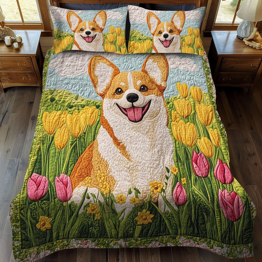 Tulip Bliss with Corgi 3-Piece Quilted Bedding Set - Single (59" x 70")
